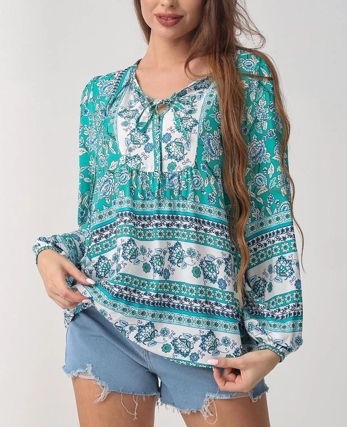Women's Casual Floral Print V Neck Top Loose Boho Long Sleeve Beach Shirts Blouses