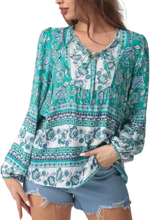 Women's Casual Floral Print V Neck Top Loose Boho Long Sleeve Beach Shirts Blouses