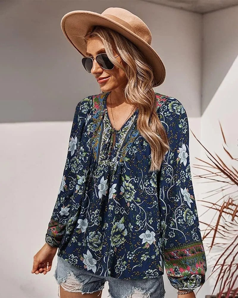 Women's Casual Floral Print V Neck Top Loose Boho Long Sleeve Beach Shirts Blouses