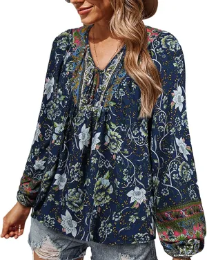 Women's Casual Floral Print V Neck Top Loose Boho Long Sleeve Beach Shirts Blouses
