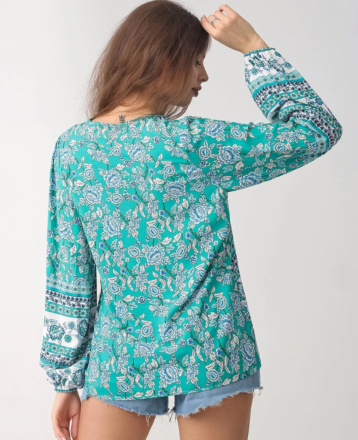 Women's Casual Floral Print V Neck Top Loose Boho Long Sleeve Beach Shirts Blouses