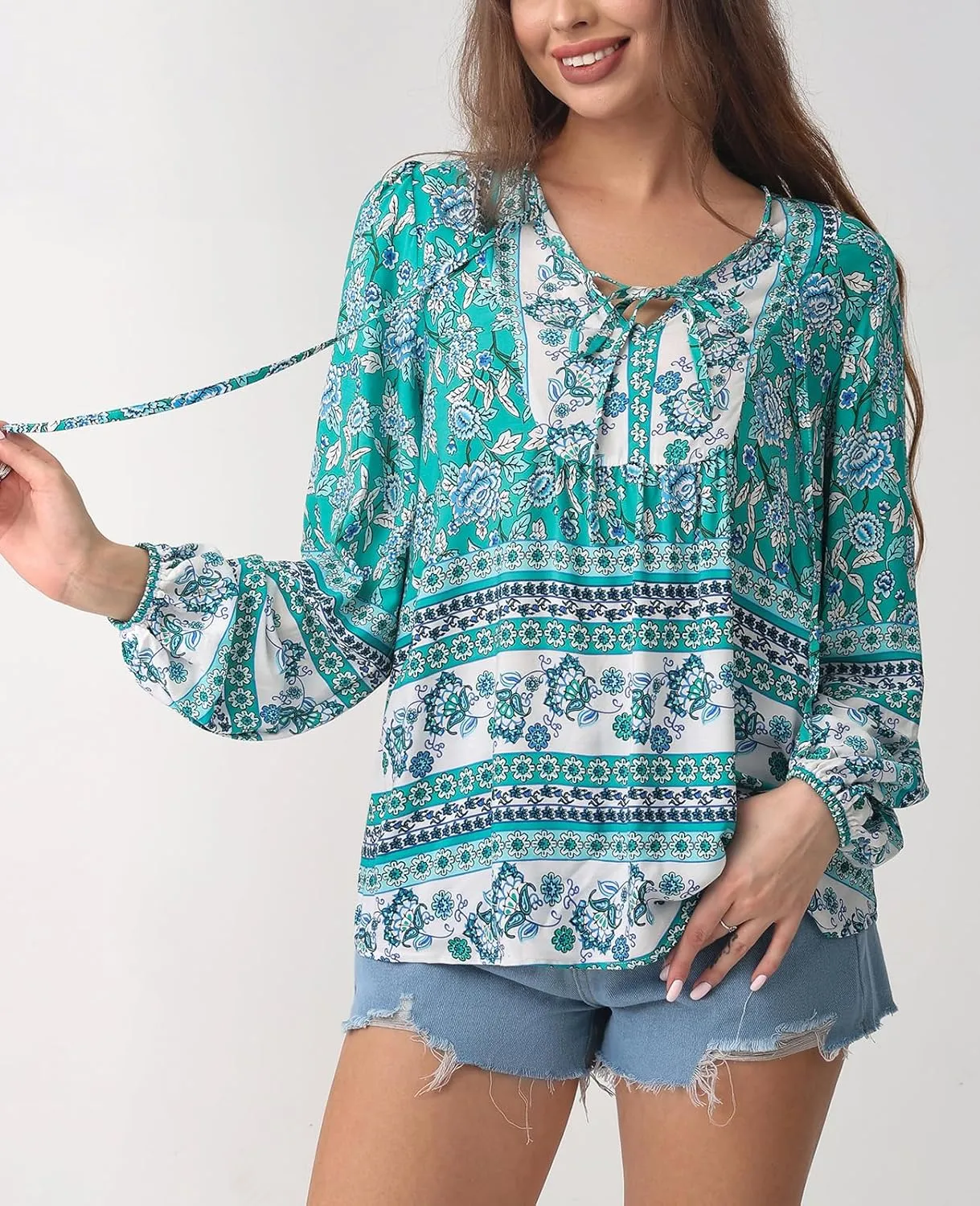 Women's Casual Floral Print V Neck Top Loose Boho Long Sleeve Beach Shirts Blouses