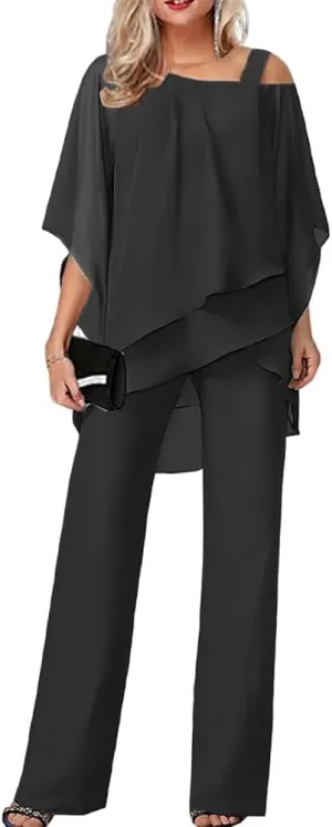 Womens Chiffon Pant Suit Flowy Hem Tops Wide Leg Dressy Pant Suits Casual Irregular Chiffon Pantsuit