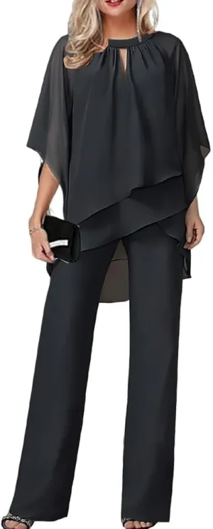 Womens Chiffon Pant Suit Flowy Hem Tops Wide Leg Dressy Pant Suits Casual Irregular Chiffon Pantsuit