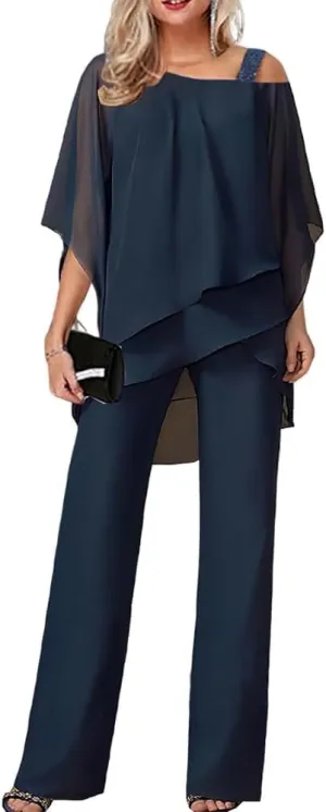Womens Chiffon Pant Suit Flowy Hem Tops Wide Leg Dressy Pant Suits Casual Irregular Chiffon Pantsuit