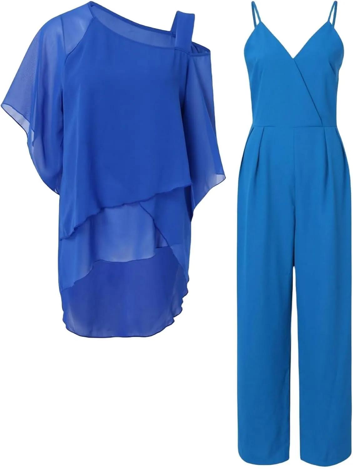 Womens Chiffon Pant Suit Flowy Hem Tops Wide Leg Dressy Pant Suits Casual Irregular Chiffon Pantsuit