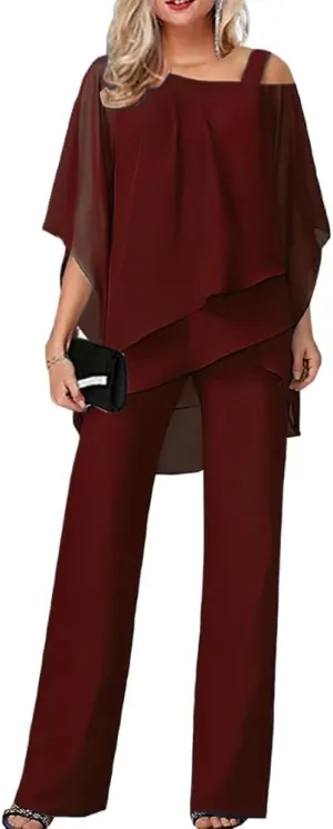 Womens Chiffon Pant Suit Flowy Hem Tops Wide Leg Dressy Pant Suits Casual Irregular Chiffon Pantsuit