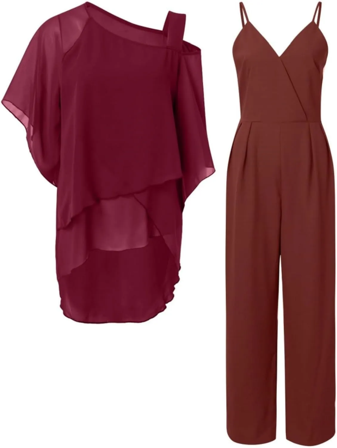 Womens Chiffon Pant Suit Flowy Hem Tops Wide Leg Dressy Pant Suits Casual Irregular Chiffon Pantsuit