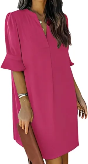 Womens Comfy Ruffle Half Sleeve V-Neck Midi Shirt Dress Casual Loose Plus Size Solid Summer Dresses for Women 2024