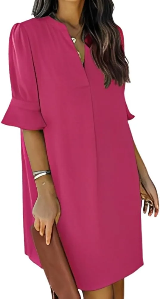 Womens Comfy Ruffle Half Sleeve V-Neck Midi Shirt Dress Casual Loose Plus Size Solid Summer Dresses for Women 2024