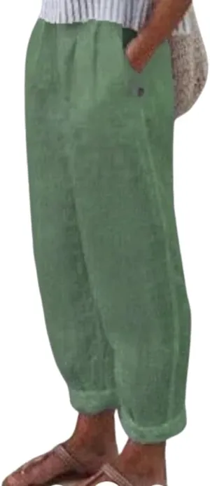Women's Cotton Linen Pants Casual Elastic High Waisted Straight Leg Palazzo Pants with Pockets Solid Comfy Trousers