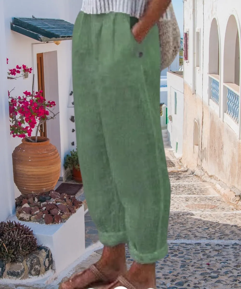 Women's Cotton Linen Pants Casual Elastic High Waisted Straight Leg Palazzo Pants with Pockets Solid Comfy Trousers