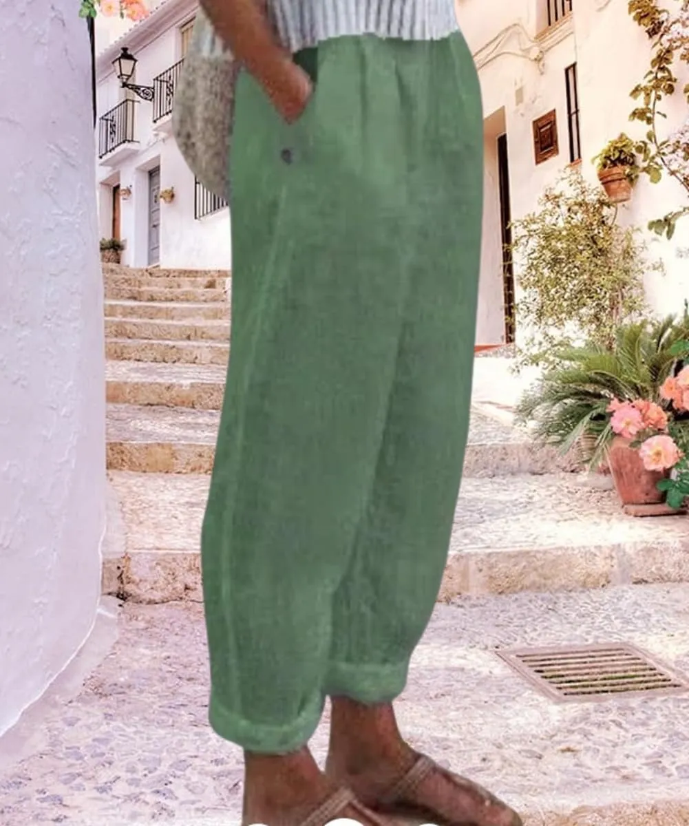 Women's Cotton Linen Pants Casual Elastic High Waisted Straight Leg Palazzo Pants with Pockets Solid Comfy Trousers