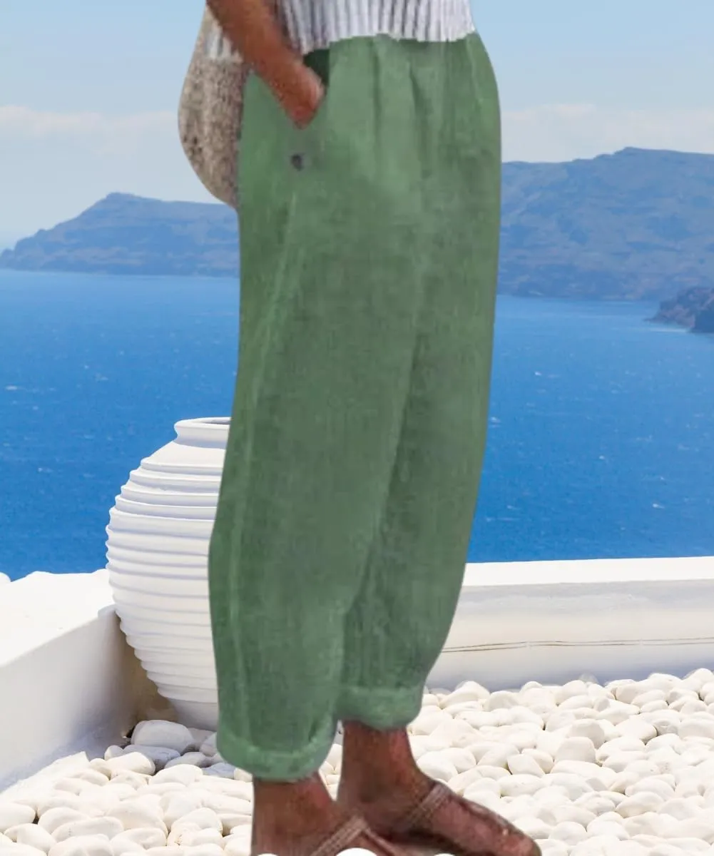 Women's Cotton Linen Pants Casual Elastic High Waisted Straight Leg Palazzo Pants with Pockets Solid Comfy Trousers