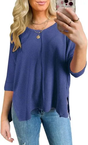 Womens Fashion Tunic Tops Ribbed Batwing 3/4 Sleeve Casual Corded Textured Split Hi-Lo Hem Shirts Blouses