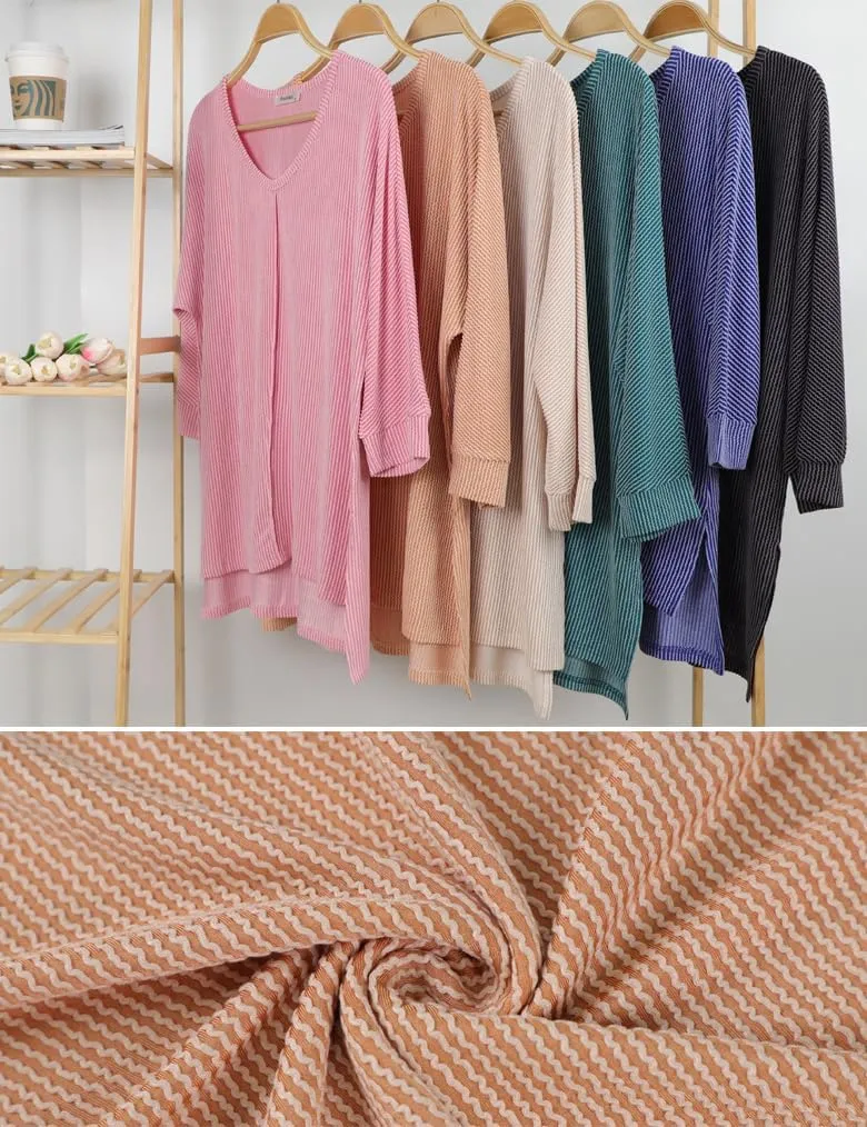 Womens Fashion Tunic Tops Ribbed Batwing 3/4 Sleeve Casual Corded Textured Split Hi-Lo Hem Shirts Blouses