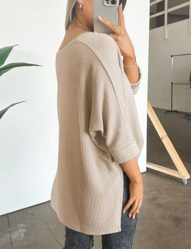 Womens Fashion Tunic Tops Ribbed Batwing 3/4 Sleeve Casual Corded Textured Split Hi-Lo Hem Shirts Blouses