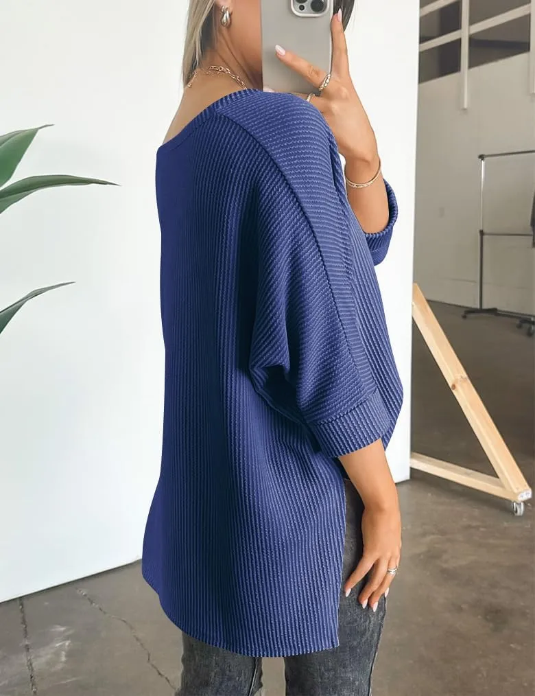 Womens Fashion Tunic Tops Ribbed Batwing 3/4 Sleeve Casual Corded Textured Split Hi-Lo Hem Shirts Blouses