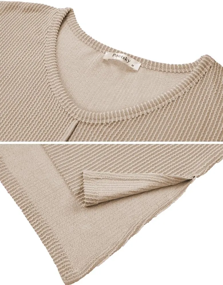 Womens Fashion Tunic Tops Ribbed Batwing 3/4 Sleeve Casual Corded Textured Split Hi-Lo Hem Shirts Blouses