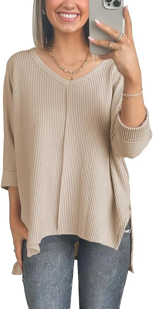 Womens Fashion Tunic Tops Ribbed Batwing 3/4 Sleeve Casual Corded Textured Split Hi-Lo Hem Shirts Blouses