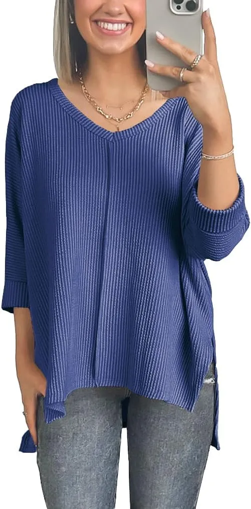 Womens Fashion Tunic Tops Ribbed Batwing 3/4 Sleeve Casual Corded Textured Split Hi-Lo Hem Shirts Blouses