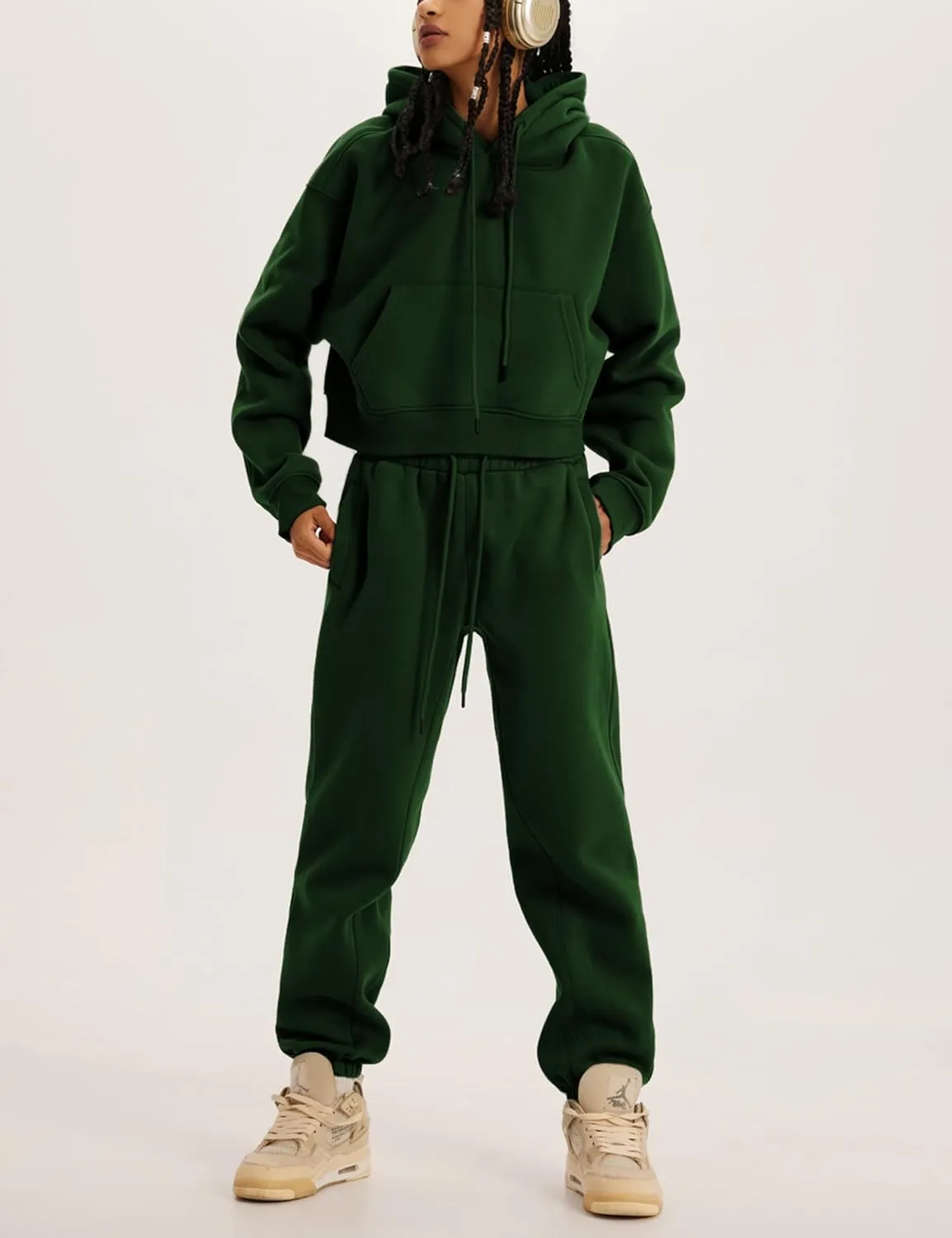 Womens Fleece 2 Piece Outfits Sweatsuit Crop Hooded Pullover Sweatshirt Top Jogger Sweatpants Tracksuits Set