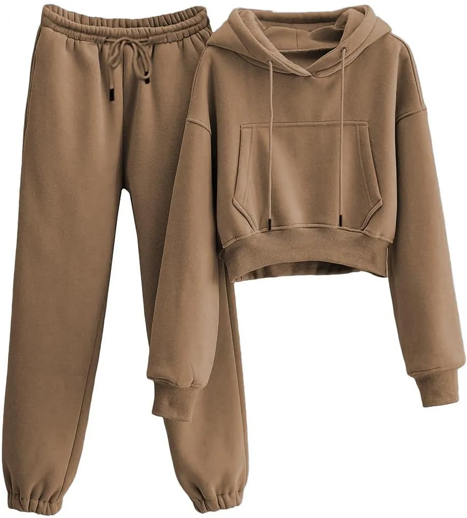 Womens Fleece 2 Piece Outfits Sweatsuit Crop Hooded Pullover Sweatshirt Top Jogger Sweatpants Tracksuits Set