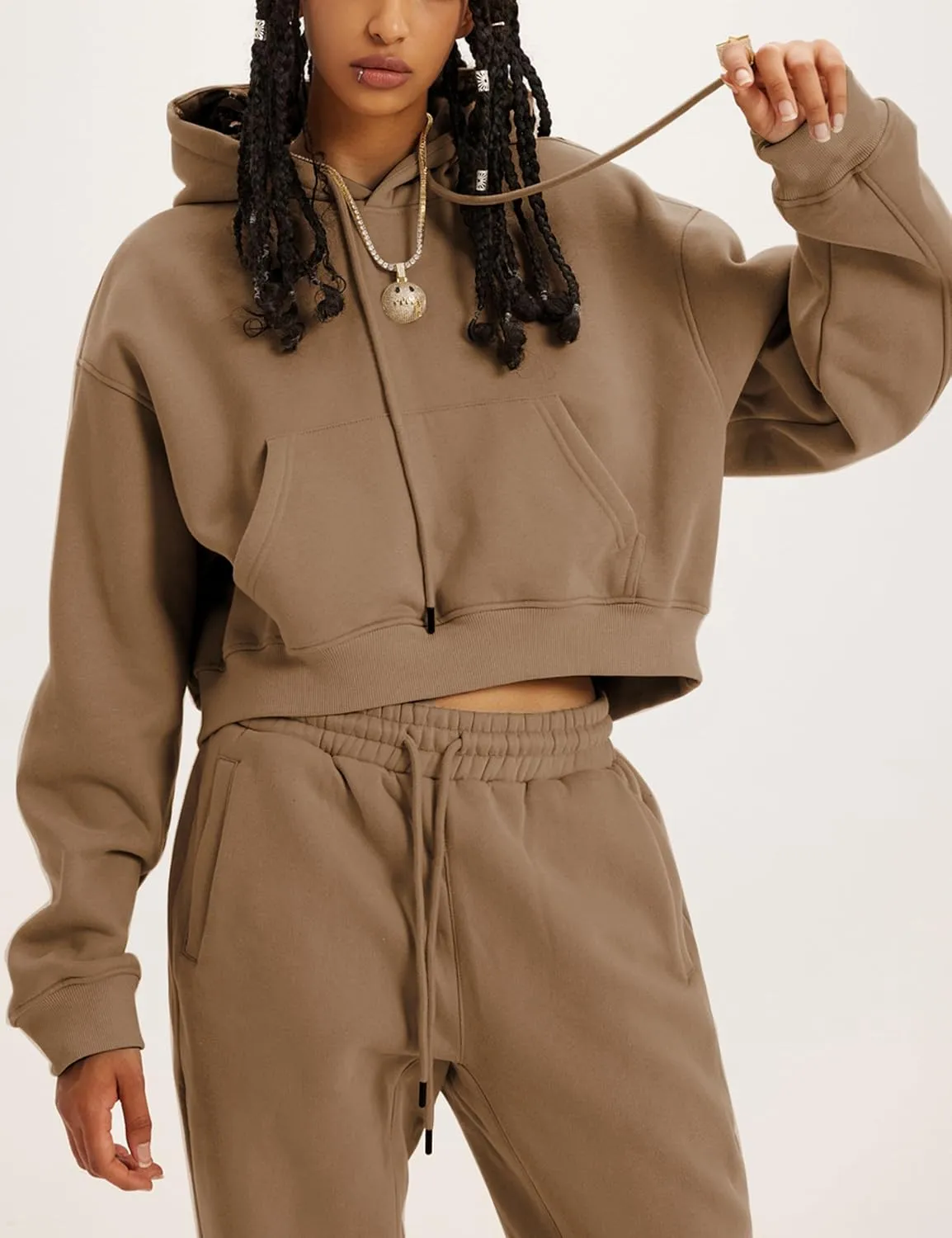 Womens Fleece 2 Piece Outfits Sweatsuit Crop Hooded Pullover Sweatshirt Top Jogger Sweatpants Tracksuits Set