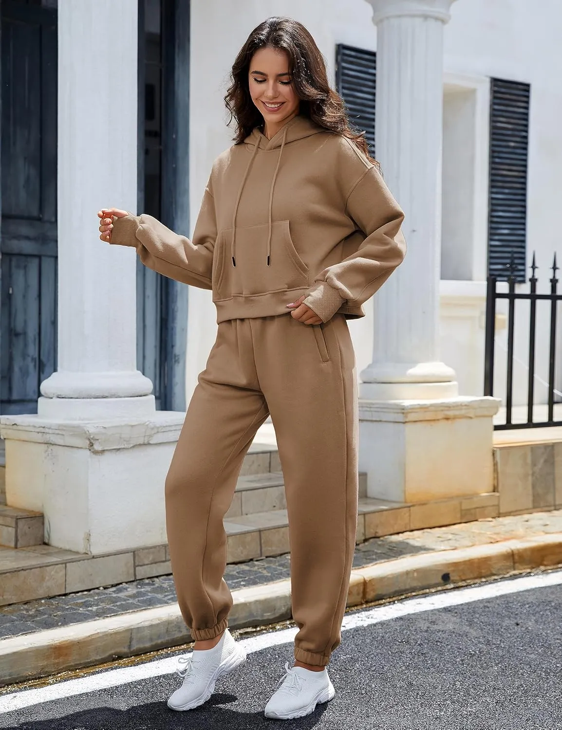 Womens Fleece 2 Piece Outfits Sweatsuit Crop Hooded Pullover Sweatshirt Top Jogger Sweatpants Tracksuits Set