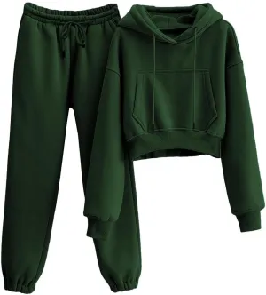 Womens Fleece 2 Piece Outfits Sweatsuit Crop Hooded Pullover Sweatshirt Top Jogger Sweatpants Tracksuits Set
