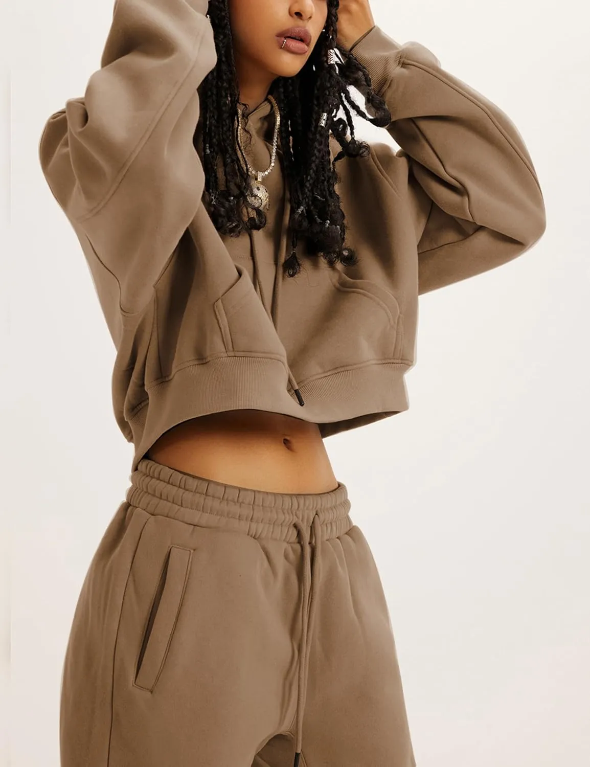 Womens Fleece 2 Piece Outfits Sweatsuit Crop Hooded Pullover Sweatshirt Top Jogger Sweatpants Tracksuits Set