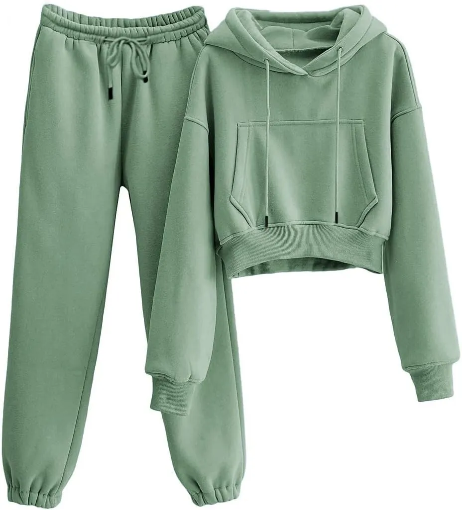 Womens Fleece 2 Piece Outfits Sweatsuit Crop Hooded Pullover Sweatshirt Top Jogger Sweatpants Tracksuits Set