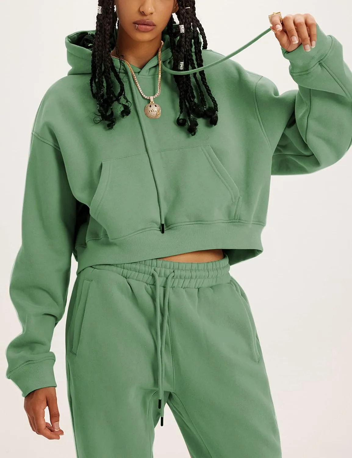 Womens Fleece 2 Piece Outfits Sweatsuit Crop Hooded Pullover Sweatshirt Top Jogger Sweatpants Tracksuits Set