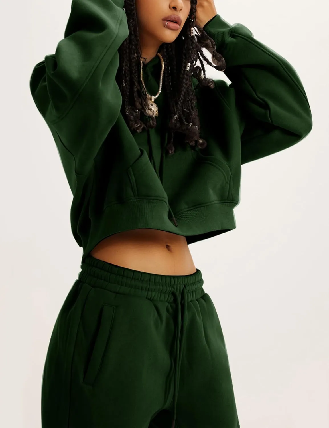 Womens Fleece 2 Piece Outfits Sweatsuit Crop Hooded Pullover Sweatshirt Top Jogger Sweatpants Tracksuits Set