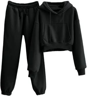 Womens Fleece 2 Piece Outfits Sweatsuit Crop Hooded Pullover Sweatshirt Top Jogger Sweatpants Tracksuits Set