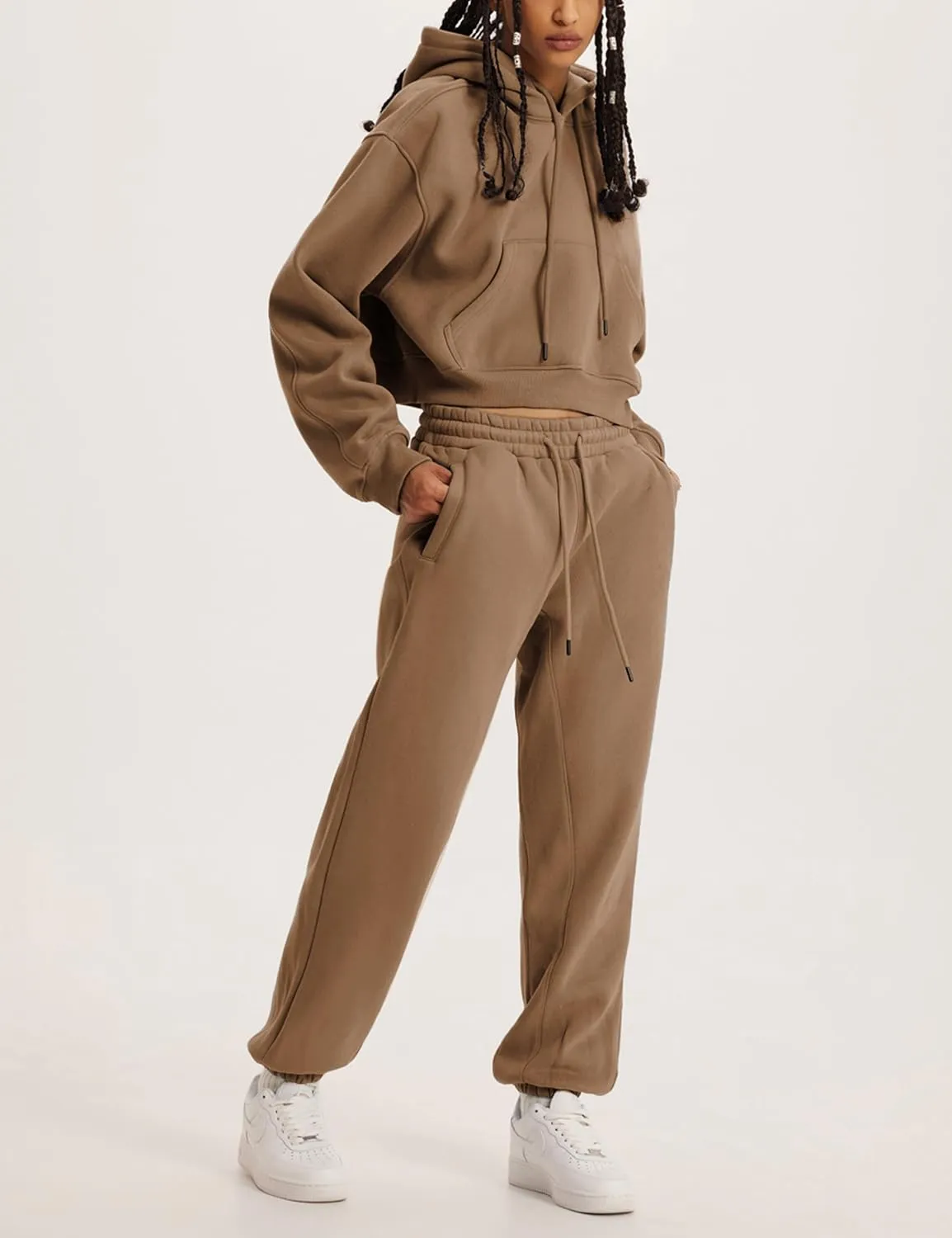 Womens Fleece 2 Piece Outfits Sweatsuit Crop Hooded Pullover Sweatshirt Top Jogger Sweatpants Tracksuits Set