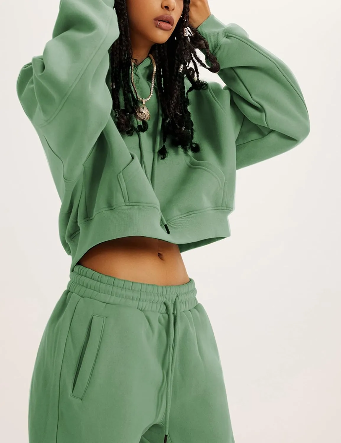 Womens Fleece 2 Piece Outfits Sweatsuit Crop Hooded Pullover Sweatshirt Top Jogger Sweatpants Tracksuits Set