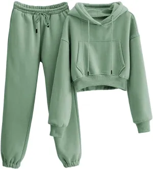 Womens Fleece 2 Piece Outfits Sweatsuit Crop Hooded Pullover Sweatshirt Top Jogger Sweatpants Tracksuits Set