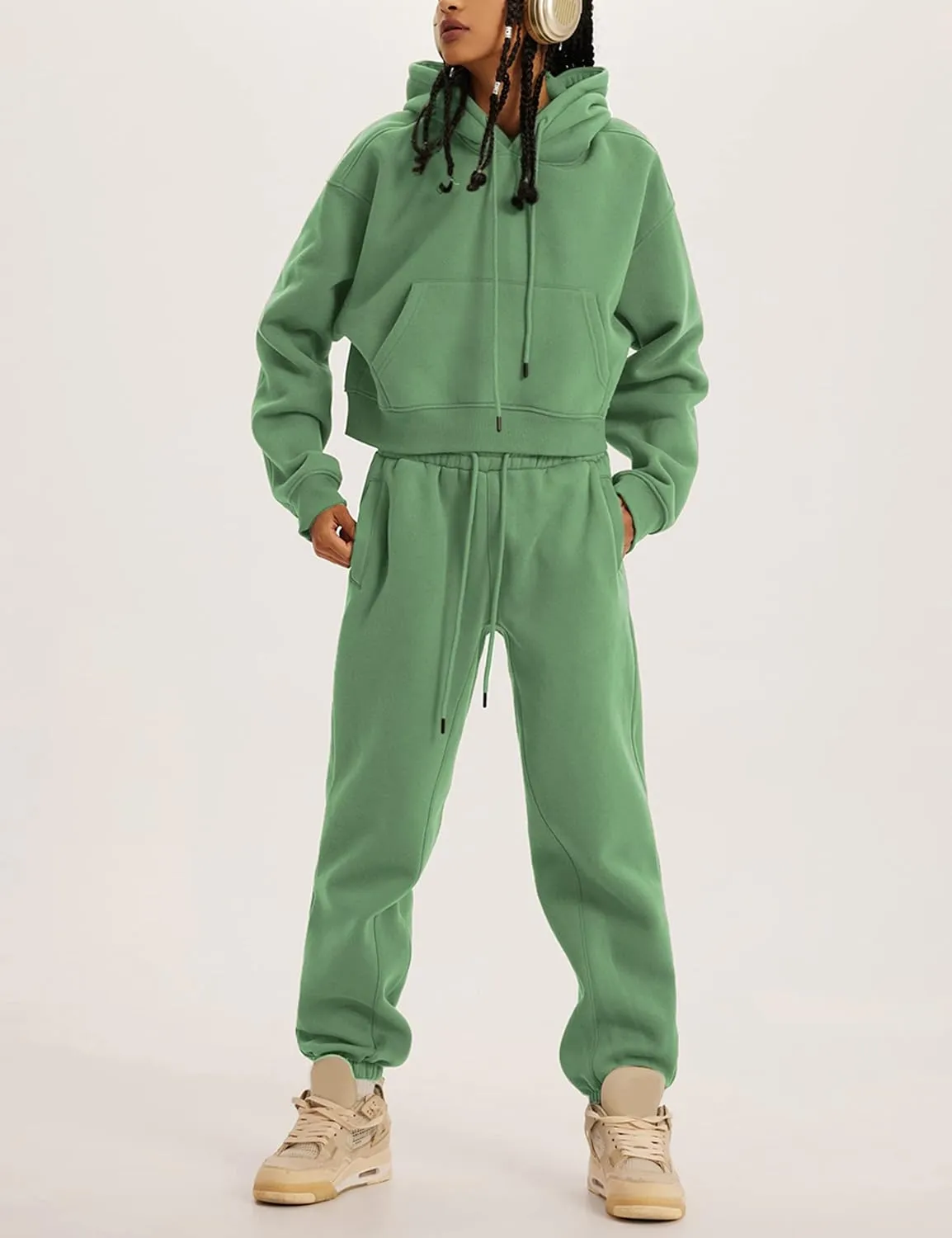 Womens Fleece 2 Piece Outfits Sweatsuit Crop Hooded Pullover Sweatshirt Top Jogger Sweatpants Tracksuits Set