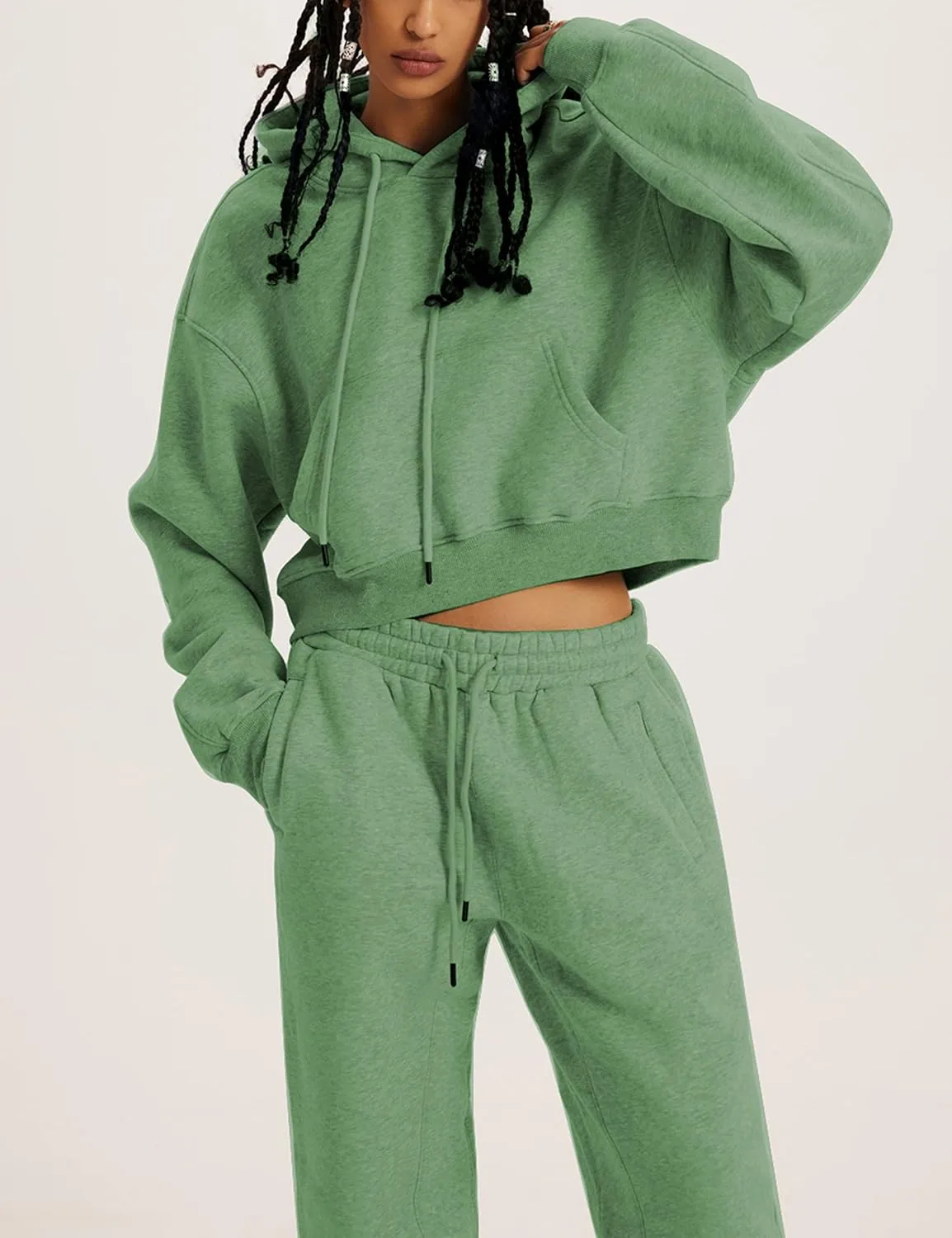 Womens Fleece 2 Piece Outfits Sweatsuit Crop Hooded Pullover Sweatshirt Top Jogger Sweatpants Tracksuits Set