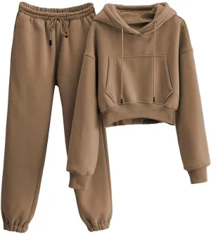 Womens Fleece 2 Piece Outfits Sweatsuit Crop Hooded Pullover Sweatshirt Top Jogger Sweatpants Tracksuits Set