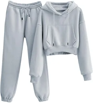 Womens Fleece 2 Piece Outfits Sweatsuit Crop Hooded Pullover Sweatshirt Top Jogger Sweatpants Tracksuits Set