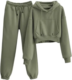 Womens Fleece 2 Piece Outfits Sweatsuit Crop Hooded Pullover Sweatshirt Top Jogger Sweatpants Tracksuits Set