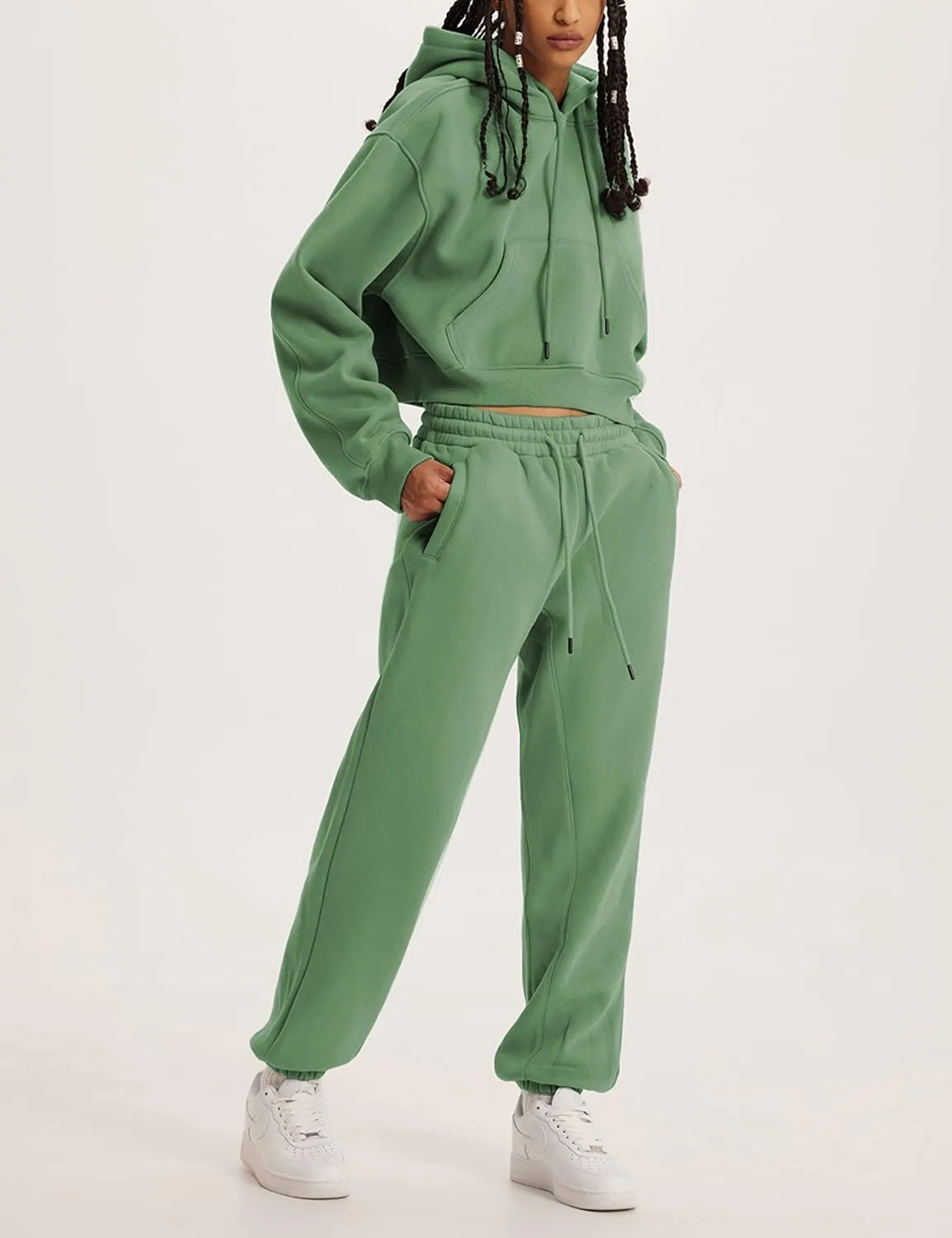 Womens Fleece 2 Piece Outfits Sweatsuit Crop Hooded Pullover Sweatshirt Top Jogger Sweatpants Tracksuits Set