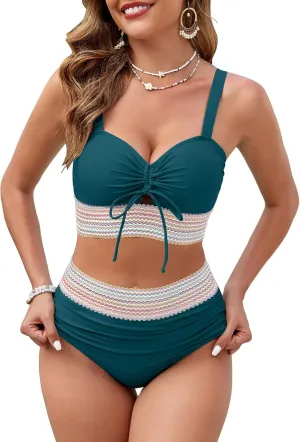 Women's High Waisted Bikini Sets Swimsuits Color Block Two Piece Bathing Suit Cute Drawstring Bikinis
