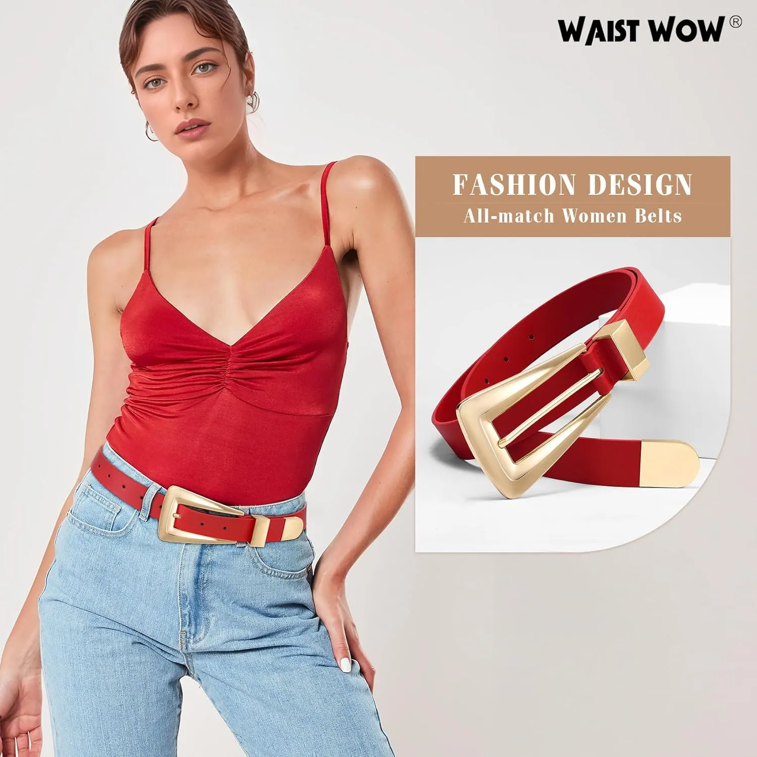 Women's Leather Belts for Jeans Pants Fashion Leather Waist Belt Ladies Dress Belts with Gold/Silver Buckle