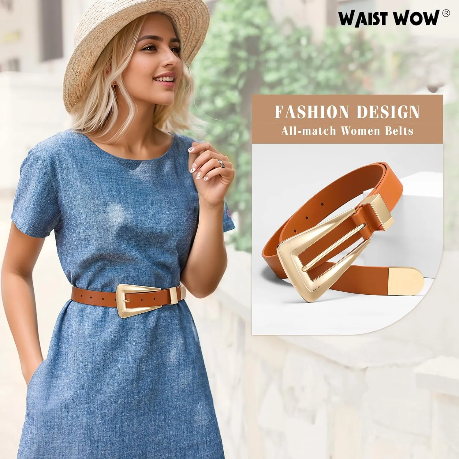 Women's Leather Belts for Jeans Pants Fashion Leather Waist Belt Ladies Dress Belts with Gold/Silver Buckle