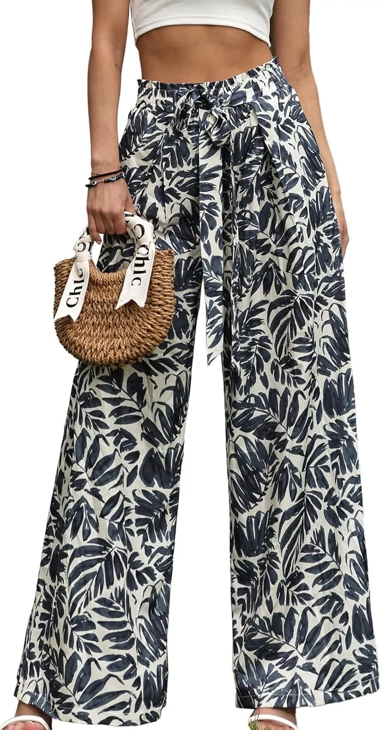 Womens Printed Wide Leg Pants Ruffle Elastic Drawstring Beach Vacation Palazzo Loose Comfy Trousers with Pockets