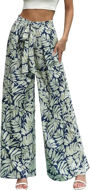 Womens Printed Wide Leg Pants Ruffle Elastic Drawstring Beach Vacation Palazzo Loose Comfy Trousers with Pockets
