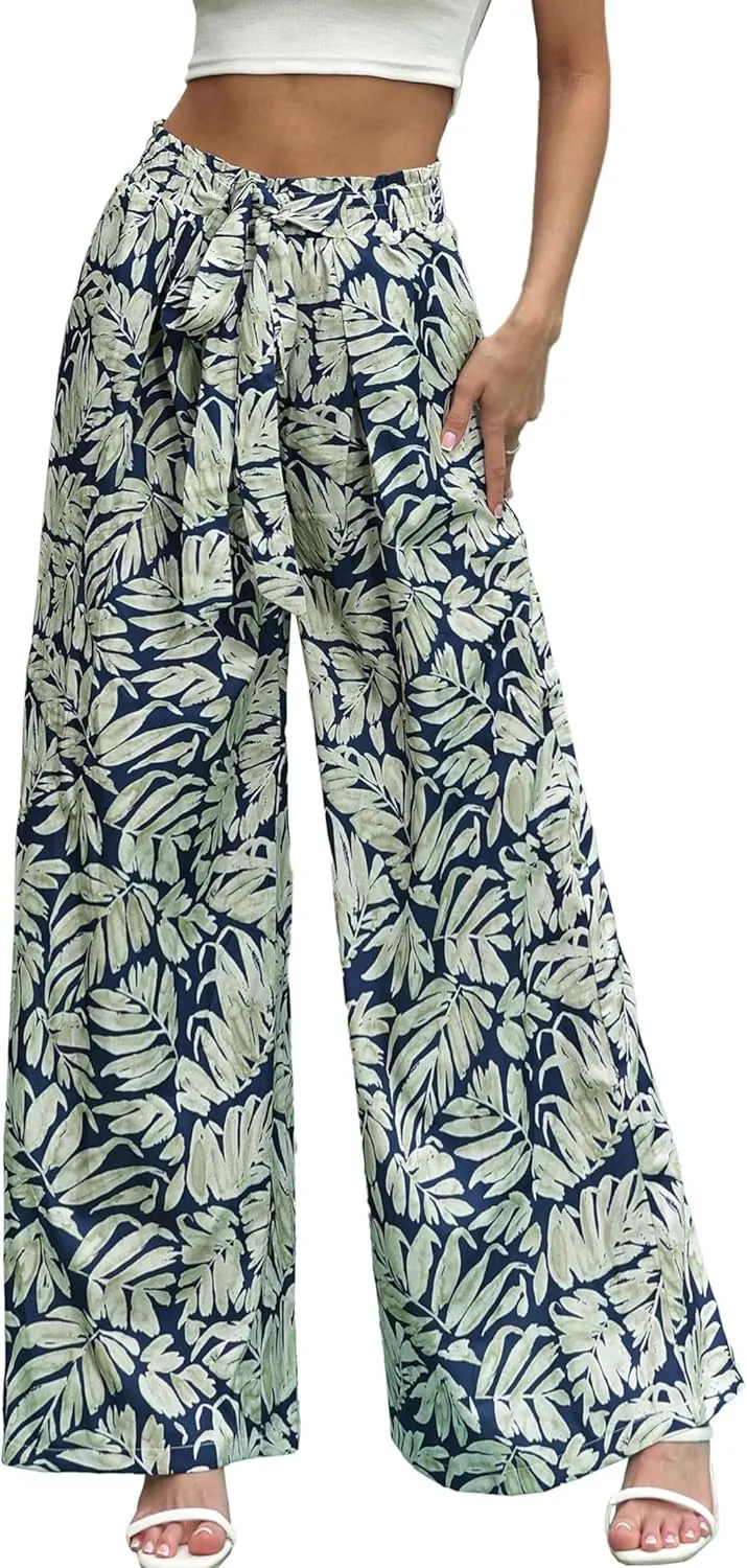 Womens Printed Wide Leg Pants Ruffle Elastic Drawstring Beach Vacation Palazzo Loose Comfy Trousers with Pockets